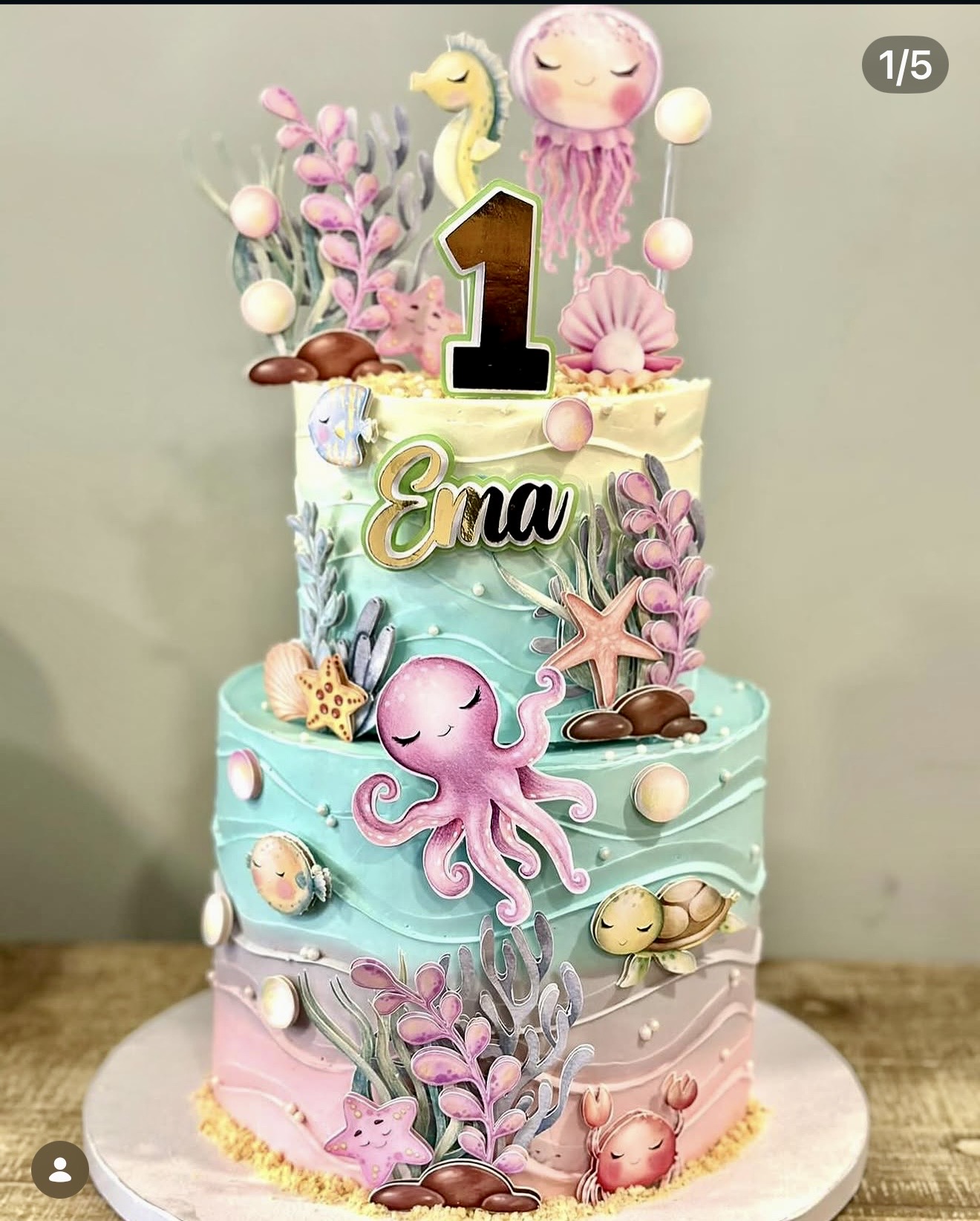 Fundo do Mar — Dois andares oceânicos com polvo, medusa, cavalo-marinho, corais e algas em tons rosa e azul.
