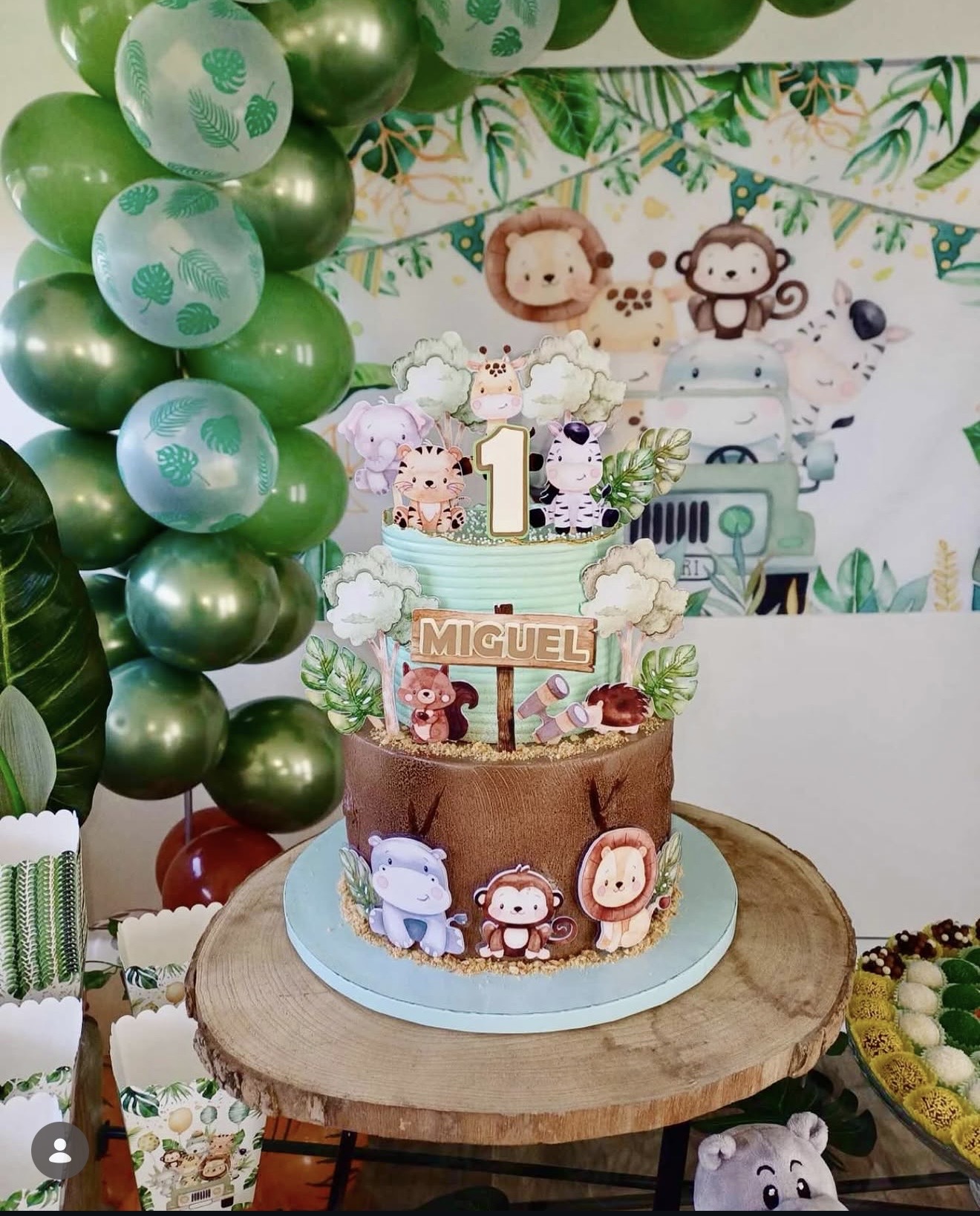 Safari Aventura — Tema selva com hipopótamo, leão, macaco, girafa, jipe e folhagem tropical pintada.